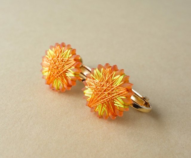 イエロー＆オレンジカラーのピアス オレンジレッド ジャスパー カーネリアン フックピアス 天然石 14kgf