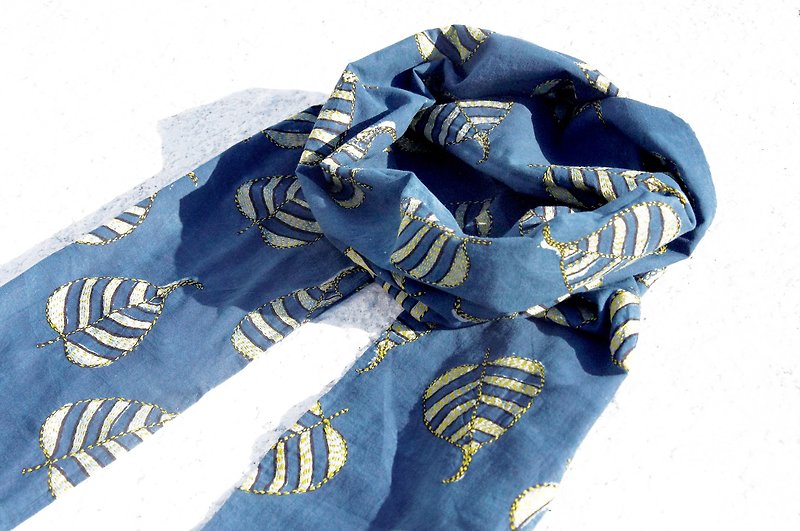 New Year gift birthday gift Valentine's Day gift limited edition a blue dye handkerchief cotton scarf / batik embroidery scarves / hand embroidery scarves / indigo hand-sewn cotton silk scarf - fresh forest hand-embroidered yellow plant leaves - Scarves - Cotton & Hemp Blue