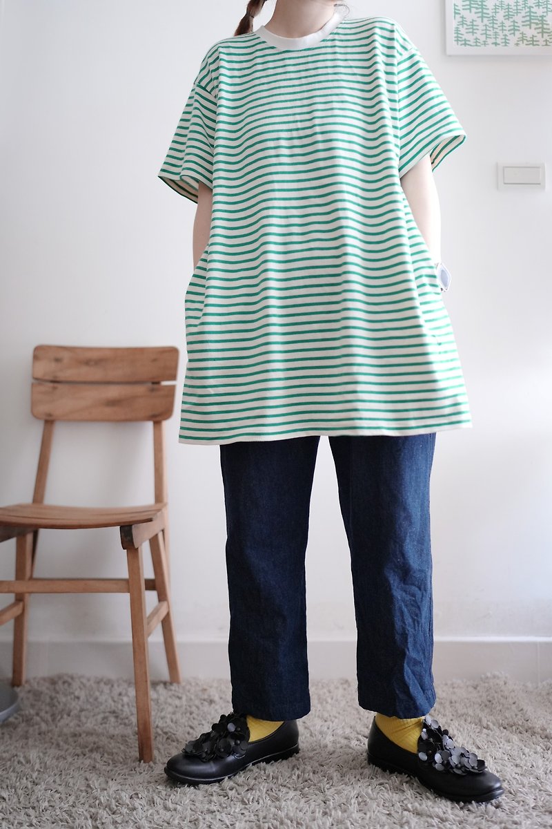 White and green striped cotton midi top - Women's T-Shirts - Cotton & Hemp Green