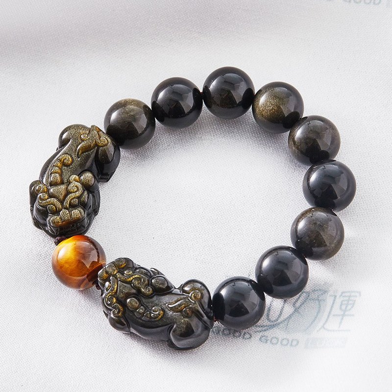 Golden Obsidian Twin Pixiu 14mm Bracelet -(Consecration included) Exorcise - สร้อยข้อมือ - เครื่องเพชรพลอย สีทอง