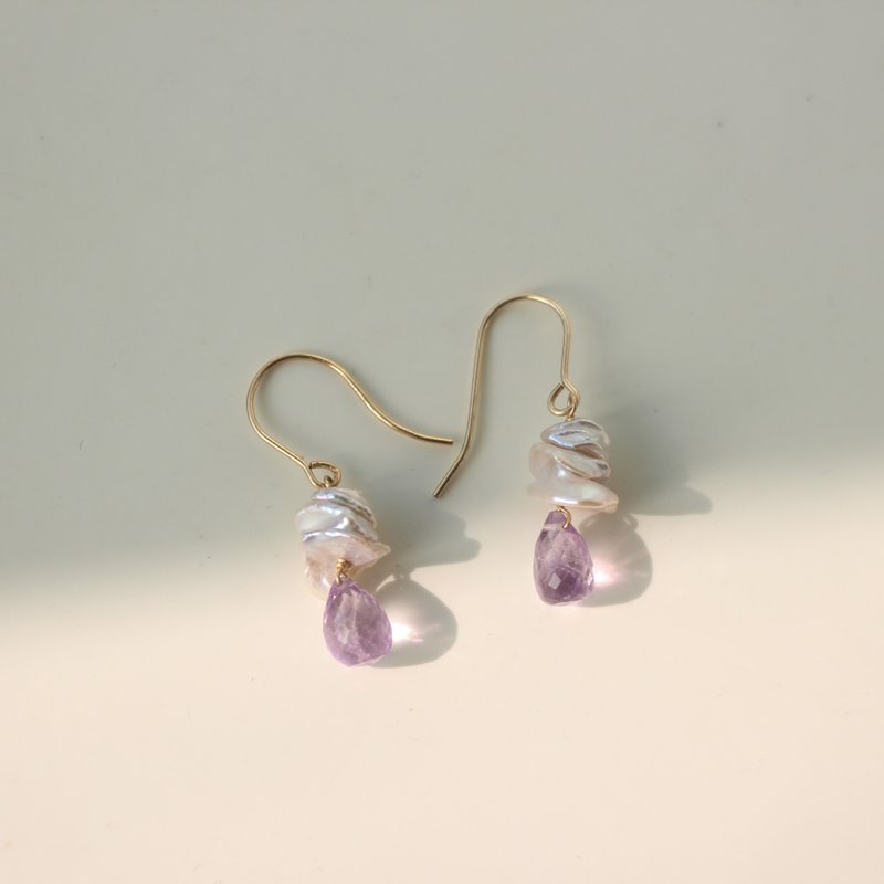 [Slightly flawed special offer] 14KGF amethyst baroque earrings - ต่างหู - เครื่องประดับพลอย หลากหลายสี