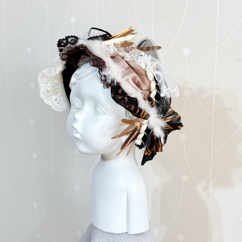 ハンドメイドパッチワークカチューシャ / レースヘッドバンド ワイド 幅広 ヘアバンド式ヘッドバンド ヘッドドレス - ヘアバンド．カチューシャ - その他の素材 ゴールド