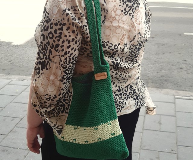 ハンドかぎ針編みの女性グリーンハンドバッグショッピングバッグ