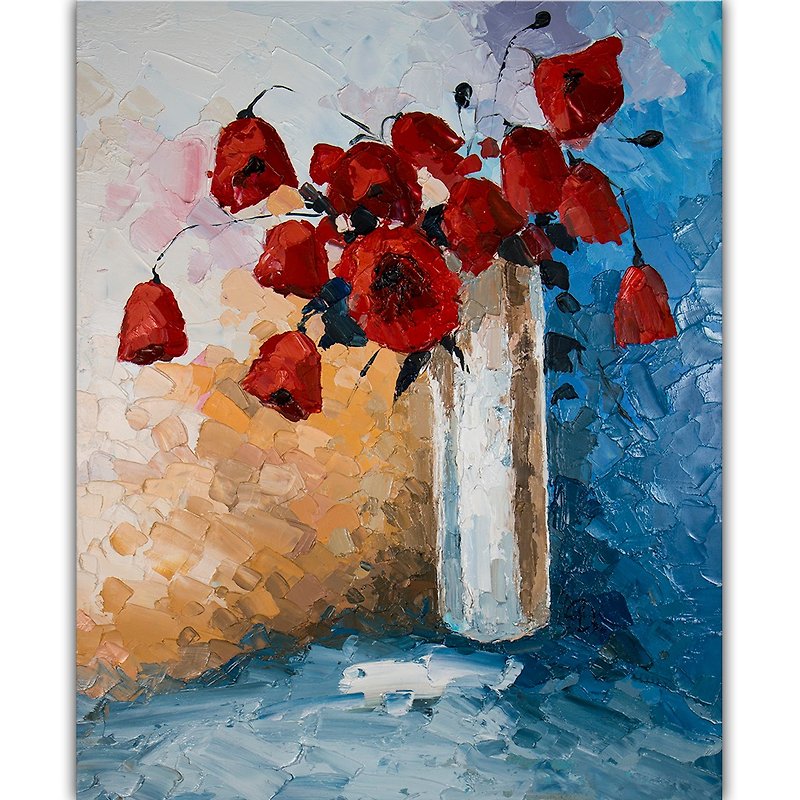 Poppy Painting Flower Original Art Floral Still Life Oil Hand-Painted - Posters - Other Materials Red