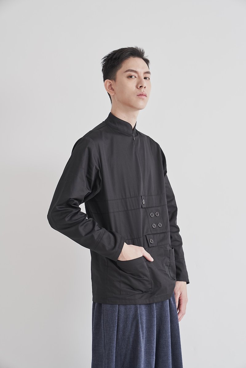 8 lie down . Chinese style shirt - เสื้อเชิ้ตผู้ชาย - ผ้าฝ้าย/ผ้าลินิน สีดำ