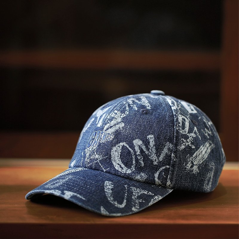 CAT WEST design washed printed denim baseball cap for men and women curved eaves embroidery peaked cap Yuantong Street - อื่นๆ - ผ้าฝ้าย/ผ้าลินิน สีน้ำเงิน