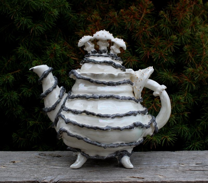 Fancy porcelain teapot Mushroom figurines Handmade white black ceramic teapot - 茶壺/茶杯/茶具 - 瓷 多色