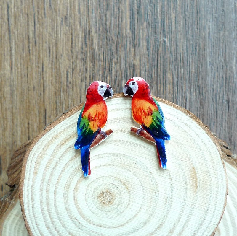 Watercolor hand-painted style red macaw hand made earrings (ear pin / ear clip) (pair) - Earrings & Clip-ons - Other Materials 