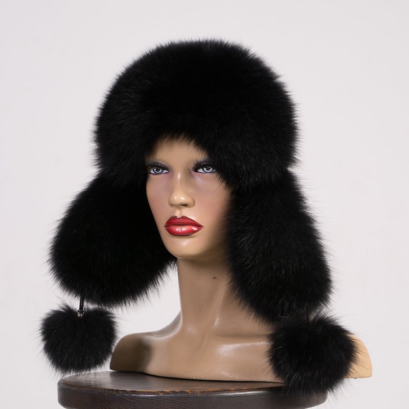 Woman Winter Fur Arctic Fox Trapper Aviator Ushanka Hat - Hats & Caps - Other Materials Black