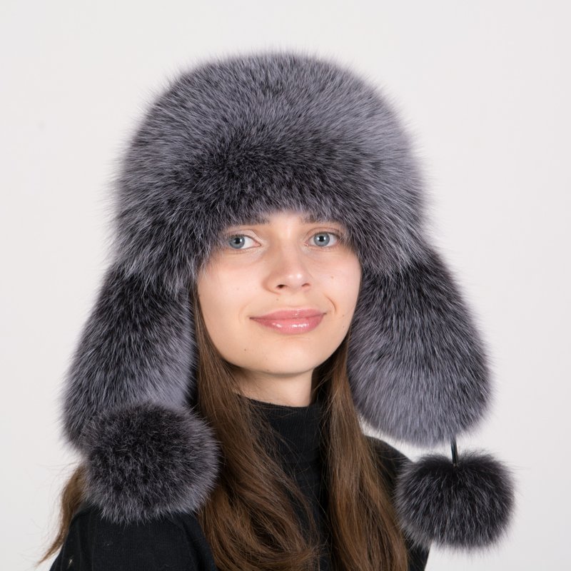 Fur Hat Eaeflap Fur Hat Arctic Fox Trapper Classic Fur Ushanka Hat Aviator Hat - หมวก - วัสดุอื่นๆ สีดำ