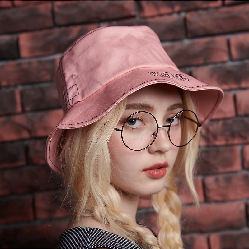 撞色線漁夫帽 - 帽子 - 棉．麻 粉紅色