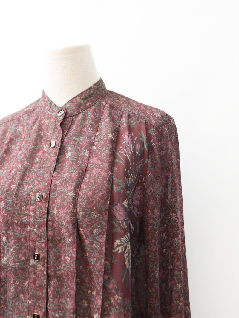 Japanese vintage elegant red purple floral long-sleeved vintage shirt Vintage Blouse - เสื้อเชิ้ตผู้หญิง - เส้นใยสังเคราะห์ สีม่วง