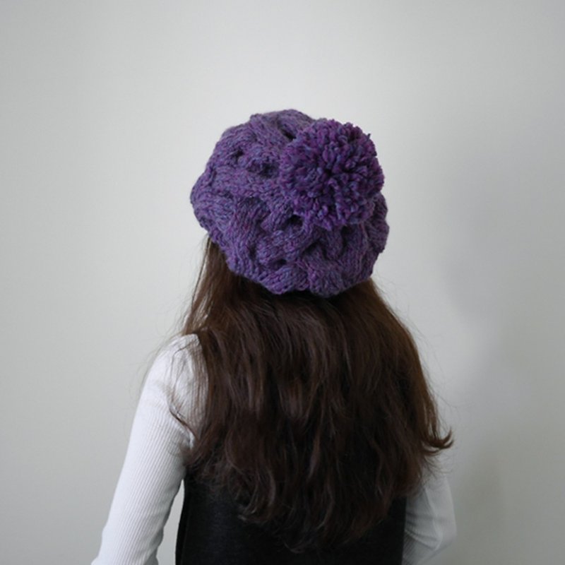 粗針麻花可拆毛球針織毛線貝蕾帽-花紫 - 帽子 - 羊毛 紫色