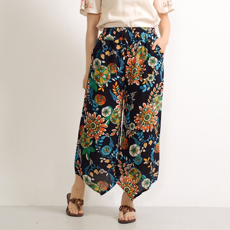 Asian print Susaba wide pants - Women's Pants - Cotton & Hemp Blue