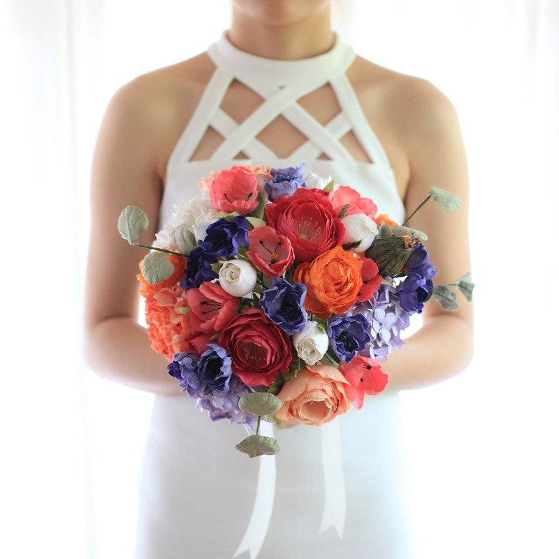 MB302 : Bridal Wedding Bouquet, Barcelona Palette - Wood, Bamboo & Paper - Paper Blue