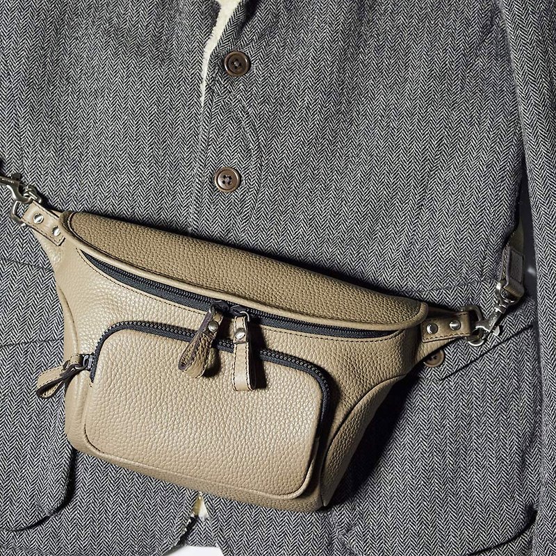 HIROSHI SEO Lychee grain leather most suitable for light travel horizontal camera belt bag-camel - Camera Bags & Camera Cases - Genuine Leather Khaki