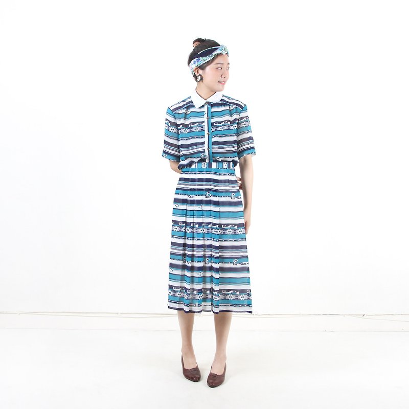 【蛋植物古着】昭和物語兩件式古著洋裝套裝 - 連身裙 - 聚酯纖維 藍色