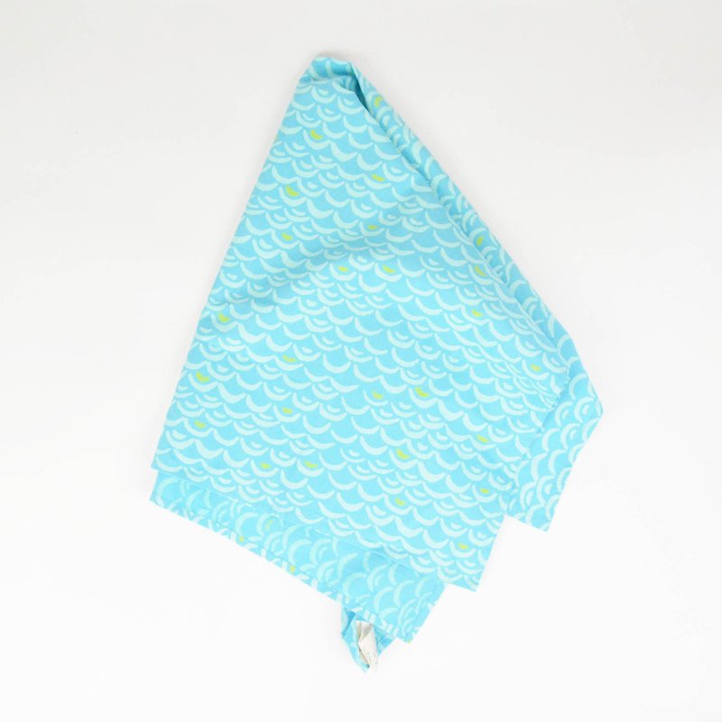 Woodcut print scarf-squinting white waves in the ocean-fair trade - Handkerchiefs & Pocket Squares - Cotton & Hemp Blue