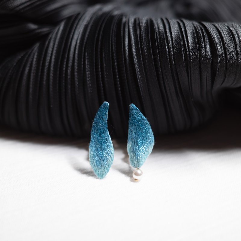 Shimmer and Tokiwa Handmade Embroidery Earrings - Earrings & Clip-ons - Thread Blue