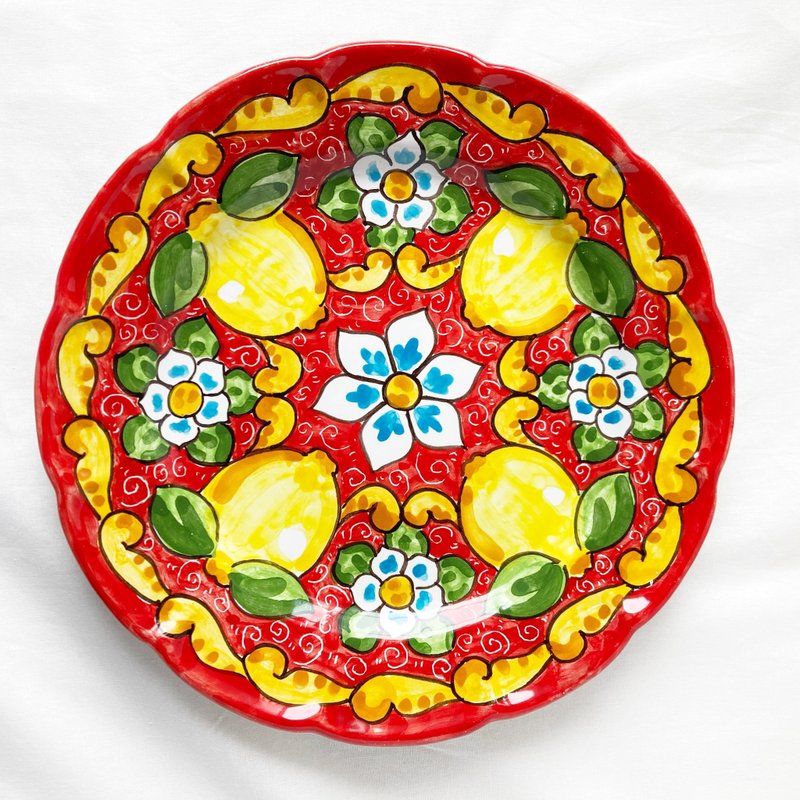 絵皿 26cm マヨリカ焼き イタリア陶器 レモン柄　ディナー皿　エメラルドグリーン - 盤子/餐盤/盤架 - 陶 綠色
