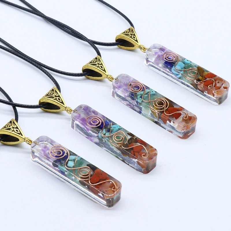 [Elohim Healing Center] Seven Chakra Crystal Stone Necklace | Resin-wrapped natural stone pendant - Necklaces - Jade Multicolor