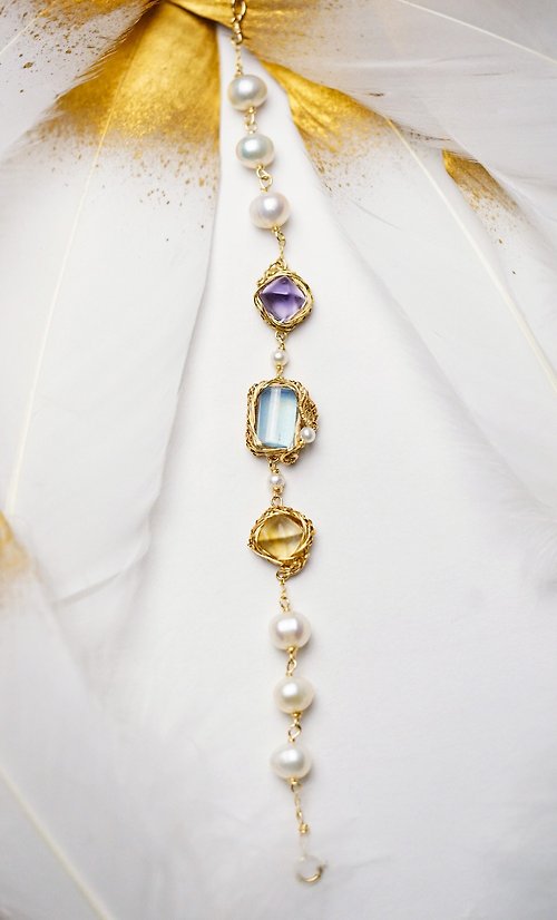 JT Dreamer 大地夢想家 純手工14K包金繞線海藍寶、紫黃水晶珍珠手鏈