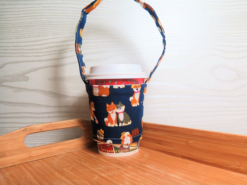 Small couple Shiba Inu (dark blue)/environmental beverage cup set. Bag. "New policy for plastic limit policy". Eco-friendly fabric is durable - ถุงใส่กระติกนำ้ - ผ้าฝ้าย/ผ้าลินิน สีน้ำเงิน