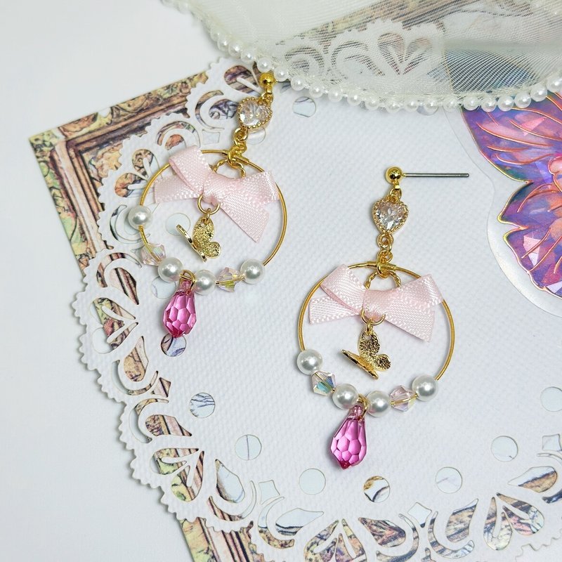 Pink fairy butterfly earrings hypoallergenic - ต่างหู - วัสดุอื่นๆ สึชมพู