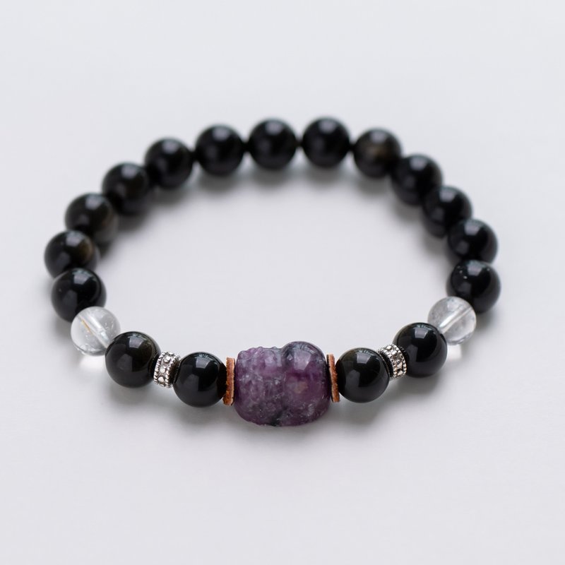 Pixiu series 10mm gold obsidian purple dragon crystal Pixiu single layer bracelet - สร้อยข้อมือ - เครื่องประดับพลอย สีดำ