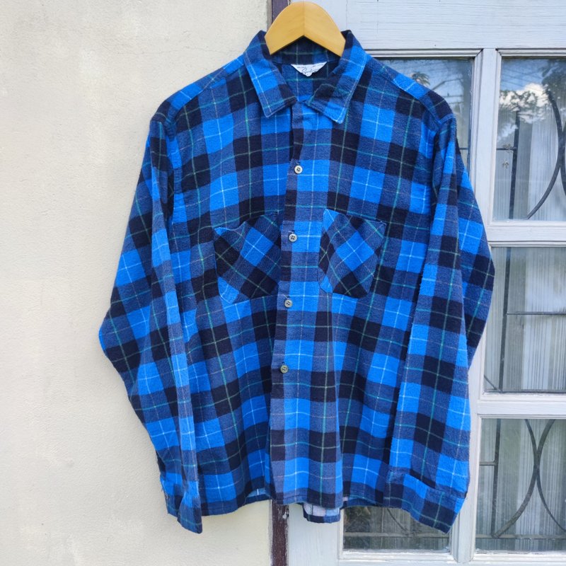 Vintage 50s Hampton Sportswear Checkered Blue Flannel Loop Collar Button Up Shir - เสื้อเชิ้ตผู้ชาย - ผ้าฝ้าย/ผ้าลินิน สีน้ำเงิน