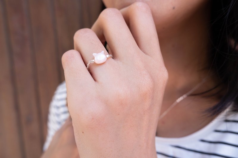新款極幼手工 純銀珠戒指 主石為 貝母貓   - 戒指 - 寶石 粉紅色