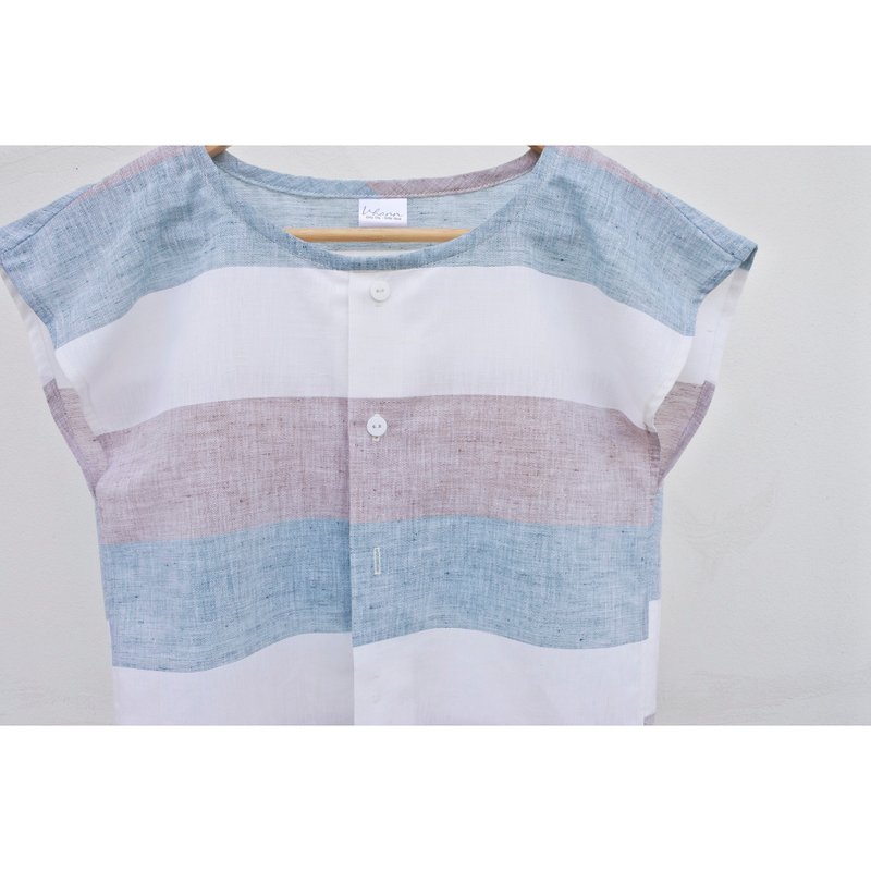 Cotton | Round neck, striped, sleeveless shirt - 女上衣/長袖上衣 - 棉．麻 白色