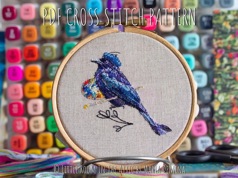 Hair-crested Drongo Artist PDF cross stitch pattern 鸟十字绣 - 手工藝教學/工具書 - 其他材質 