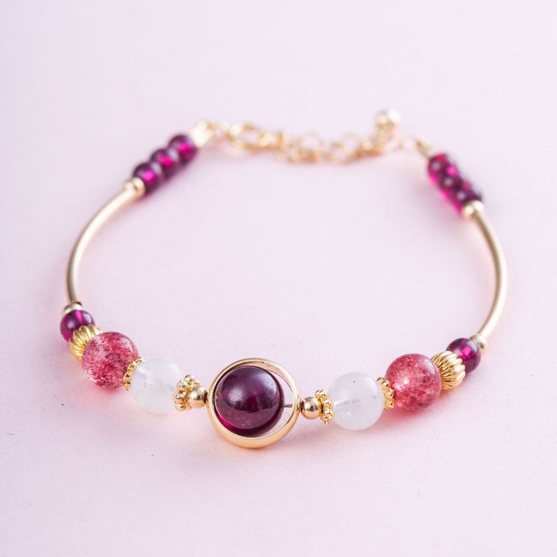 石榴石草莓晶手鍊 | 5A紫牙烏月光石 |天然水晶14KGF設計客製手鍊 - 手鍊/手環 - 水晶 粉紅色