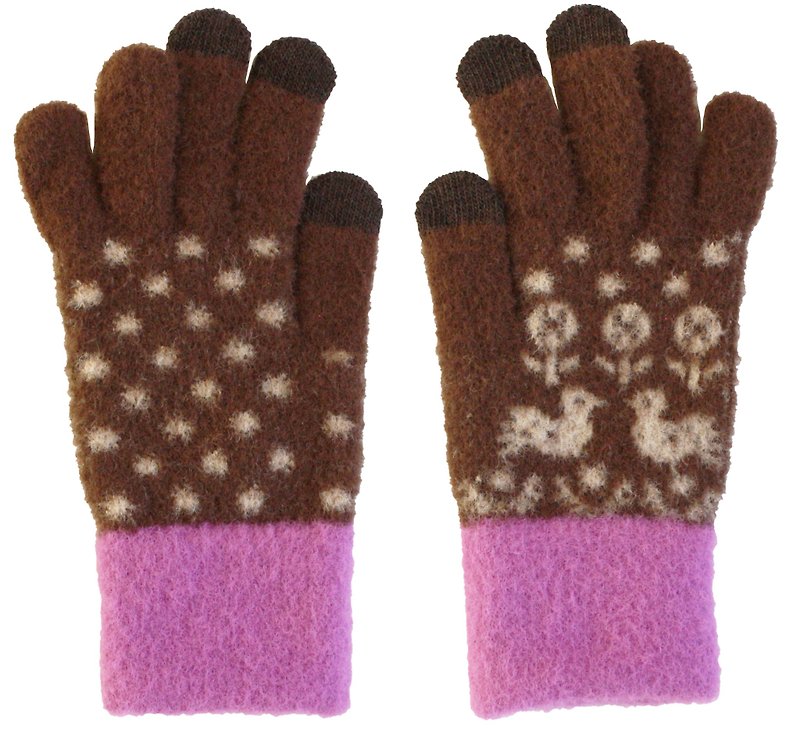 touch screen gloves fluffy warm birds brown - Gloves & Mittens - Acrylic Brown