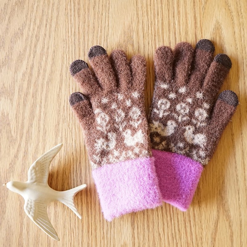 touch screen gloves fluffy warm birds brown - ถุงมือ - อะคริลิค สีนำ้ตาล