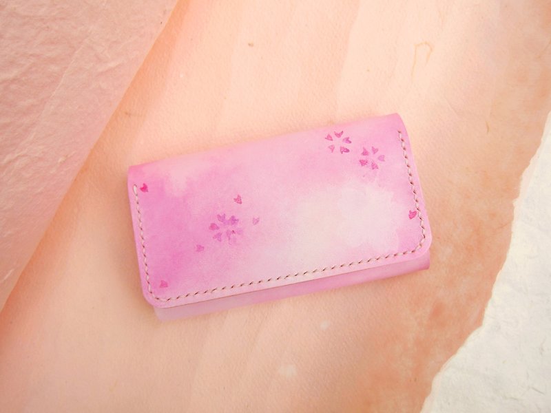 Sakura pink hand dyed leather key case key case - ที่ห้อยกุญแจ - หนังแท้ สึชมพู
