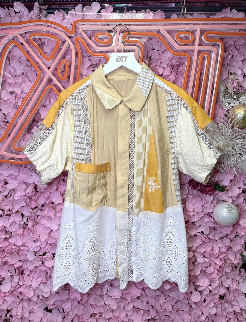 OTT只此一件•日系格仔條子拼接刺繡蕾絲上衣恤衫 - 女上衣/長袖上衣 - 棉．麻 黃色