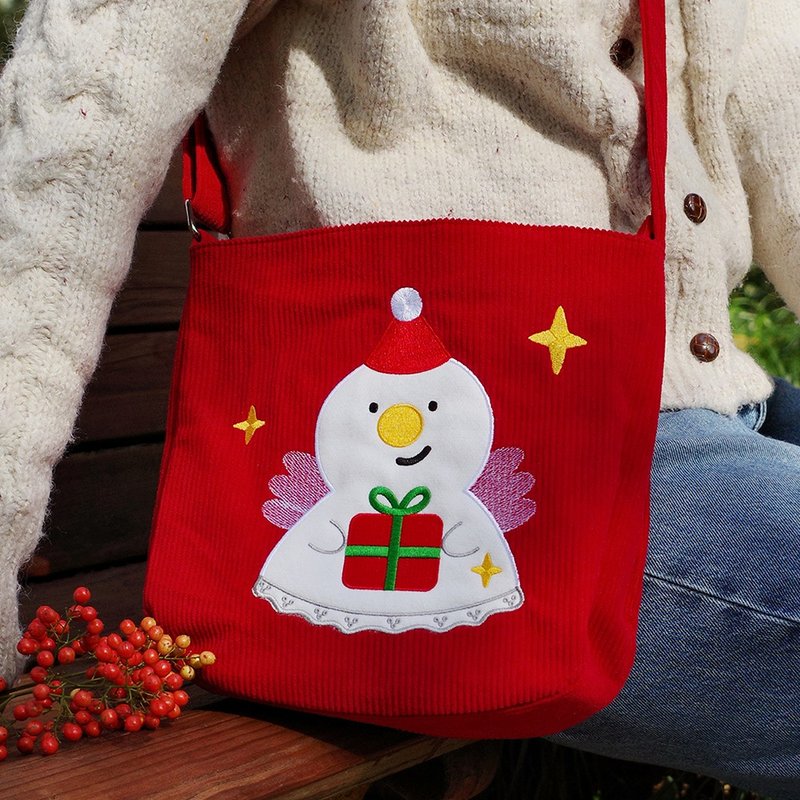 Yuguoshan original Christmas cartoon snowman corduroy messenger bag with zipper niche lightweight angel red cloth bag - Messenger Bags & Sling Bags - Other Materials 