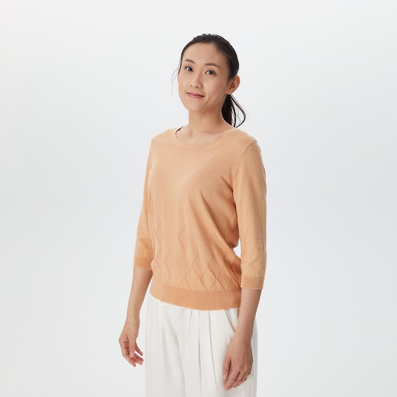 Organic Cotton Knitted Round Neck Three-quarter Sleeves-Warm Orange - สเวตเตอร์ผู้หญิง - ผ้าฝ้าย/ผ้าลินิน สีส้ม