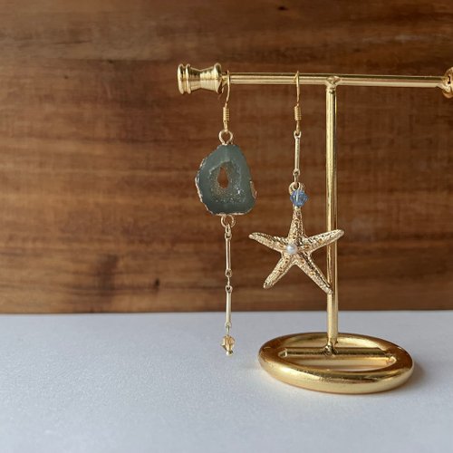 KAREN JEWELRY 藍色寶石珍珠海星不對稱耳環 耳夾