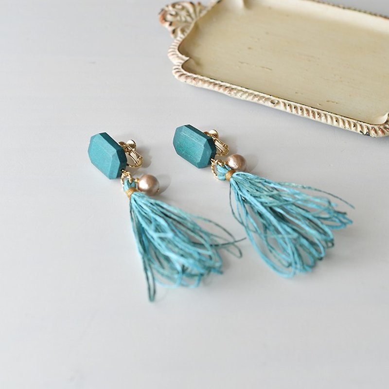 Tassel earrings/wood/blue - Earrings & Clip-ons - Paper Blue