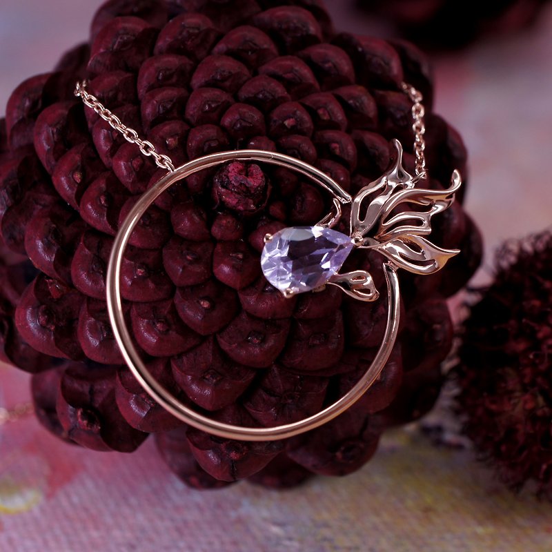 金魚 - 粉紅紫水晶 配 月亮石 純銀 電18K玫瑰金 頸鍊 - 耳環/耳夾 - 寶石 紫色