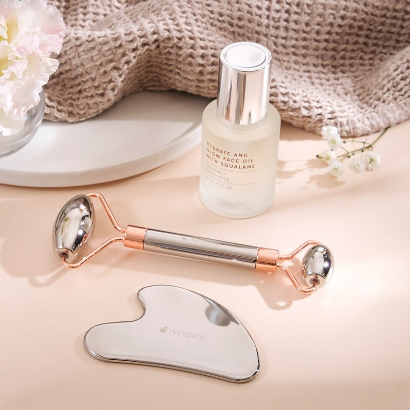 Stainless Face Roller Set with Hydrate & Glow Face Oil - Essences & Ampoules - Other Materials 