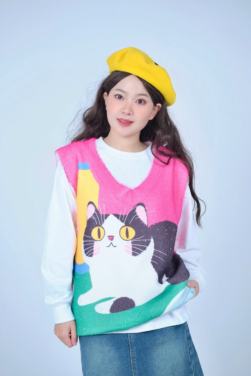 Meow Cat Chong Store Original Kitchen Cat Sweater Vest - สเวตเตอร์ผู้หญิง - ไฟเบอร์อื่นๆ สีเขียว