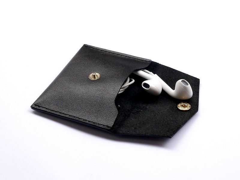 Leather earphone storage bag. Coin purse [multi-color optional. Free branding】 - ที่เก็บหูฟัง - หนังแท้ สีดำ