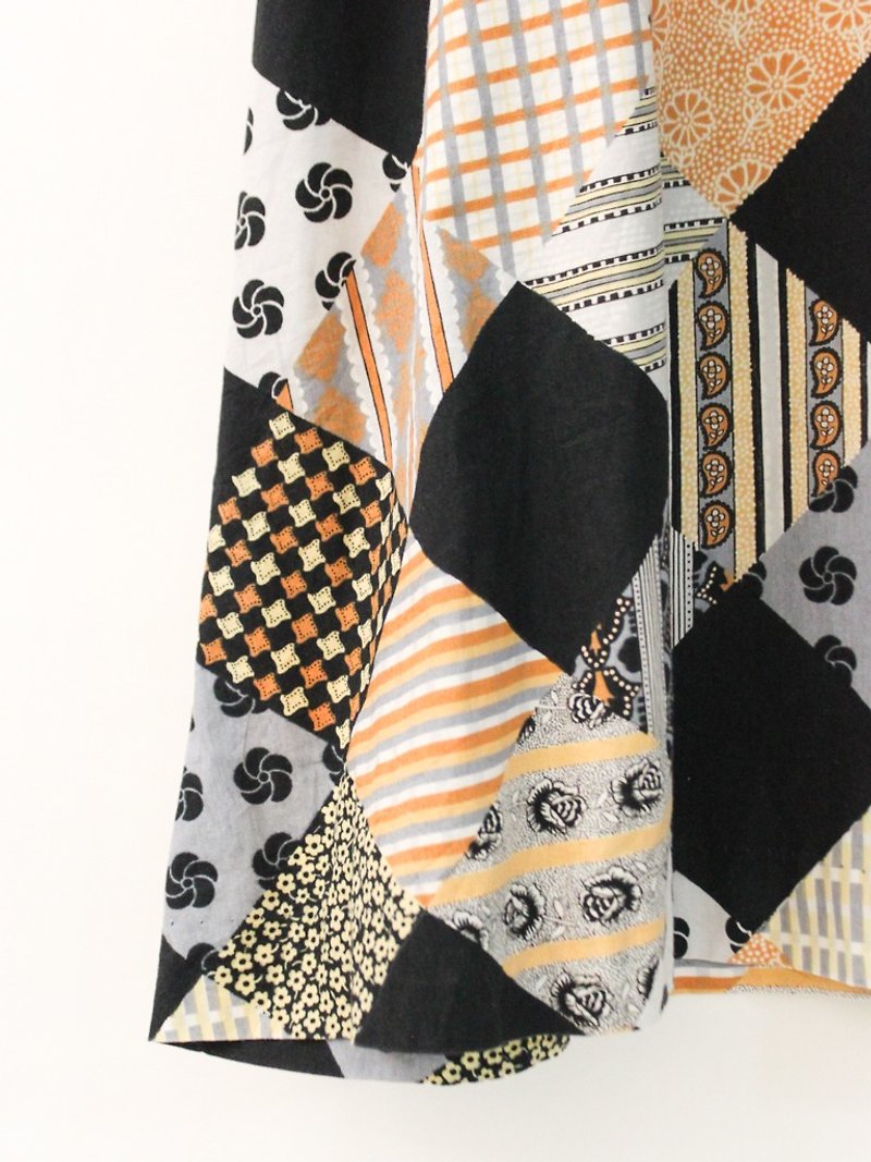 ヴィンテージ70s子供のような幾何学的な印刷ブラックチェック柄半袖ヴィンテージドレスヴィンテージドレス - ワンピース - コットン・麻 ブラック