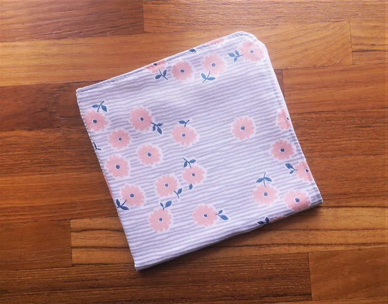 日本二重紗手帕=小雛菊=淺灰+粉紅(共4色) - 手帕 - 棉．麻 