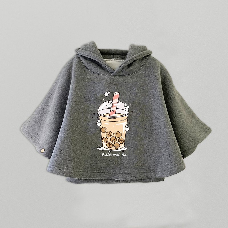 Mochi Rabbit Pearl Milk Tea Kids Cape Hoody - เสื้อยืด - ผ้าฝ้าย/ผ้าลินิน สีเทา