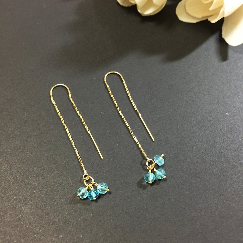 Double Love Apatite 14K Gold 1/20GF Gold Note Gold Earrings Ear Chain Light Jewelry - Earrings & Clip-ons - Gemstone Blue